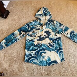 Boutique Ocean Wave Surfer Print Swimsuit Coverup - Blue & Cream